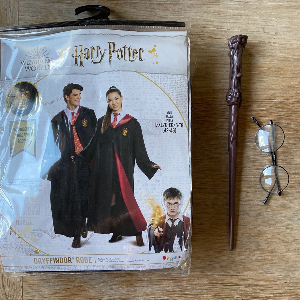 Costume:  Adult XL Harry Potter Griffindor Robe, Wand & Harry Potter Glasses.